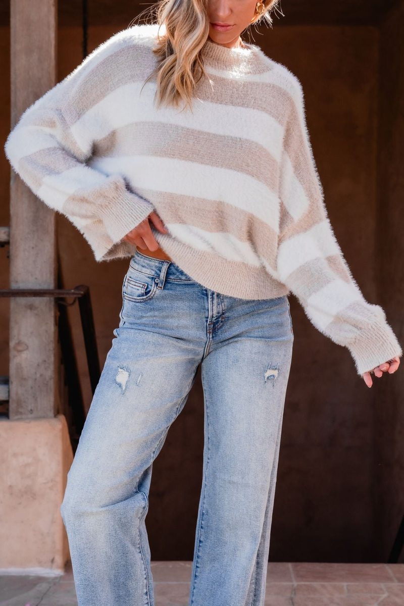 fuzzy beige striped sweater 133130