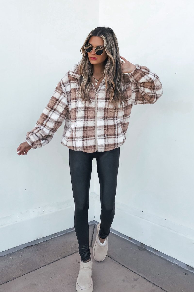 fuzzy brown plaid zip up jacket 202386