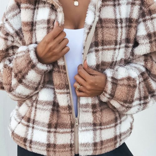 fuzzy brown plaid zip up jacket 284028