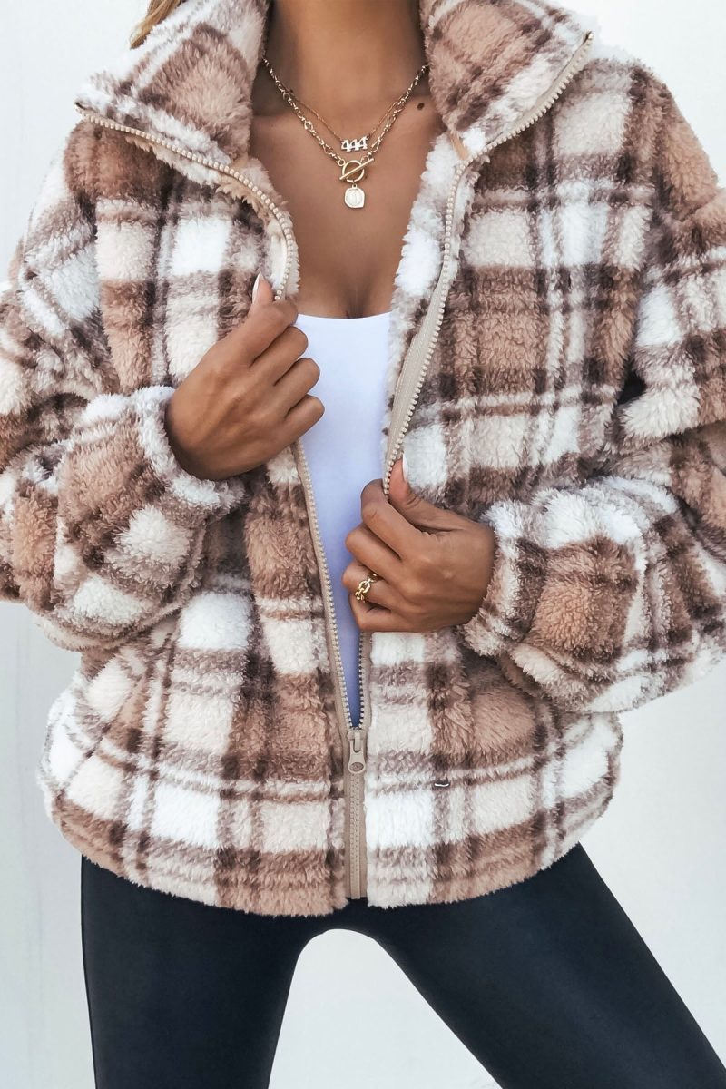 fuzzy brown plaid zip up jacket 284028