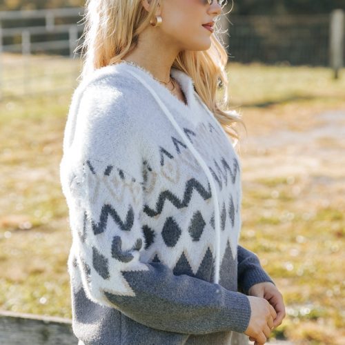 fuzzy grey nordic print hooded sweater 769270