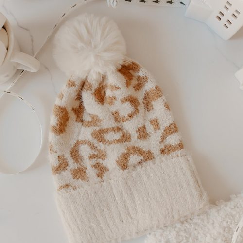 Fuzzy Ivory Leopard Print Pom Beanie - Magnolia Boutique