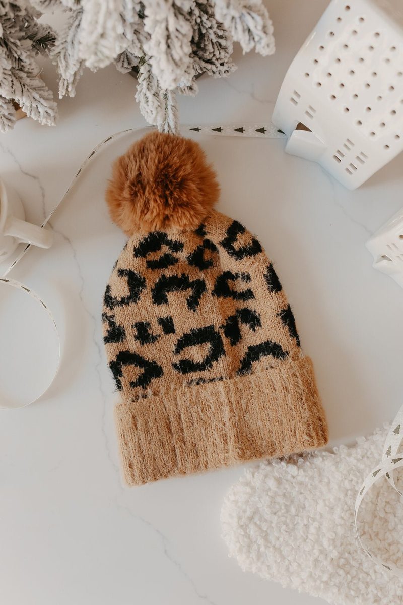 Fuzzy Leopard Print Pom Beanie - Magnolia Boutique