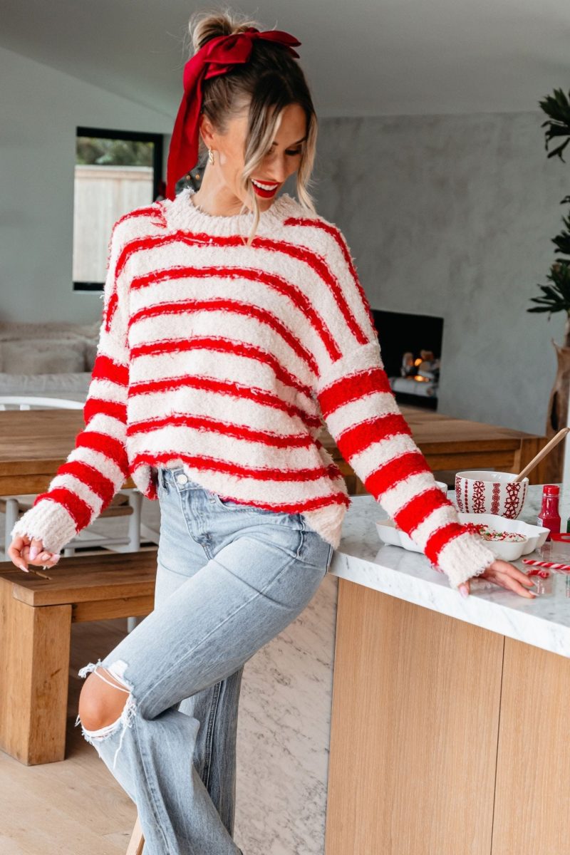 fuzzy red striped pullover sweater 134778