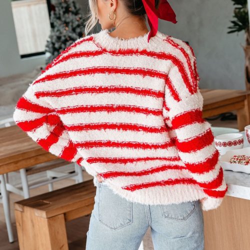 fuzzy red striped pullover sweater 186452