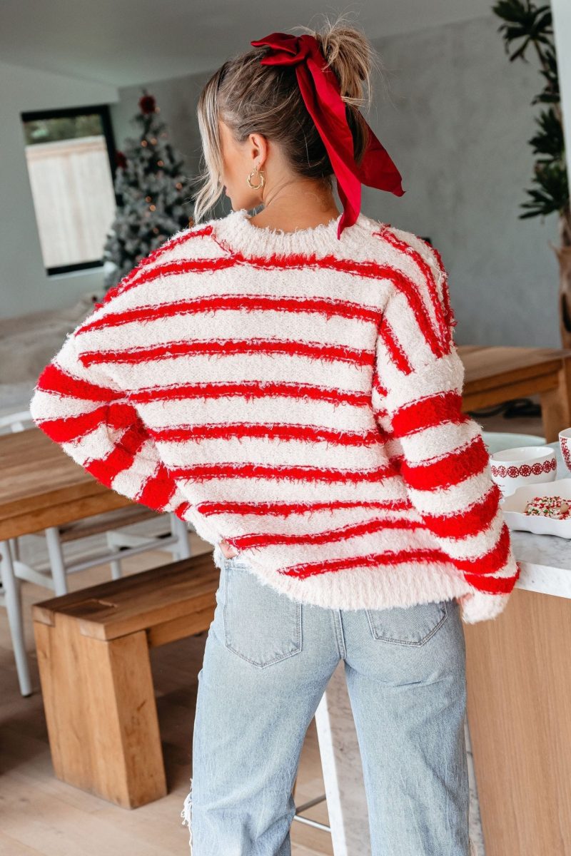 fuzzy red striped pullover sweater 186452