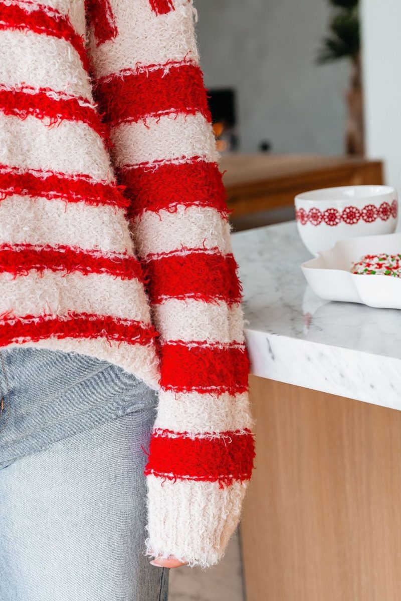 fuzzy red striped pullover sweater 205865