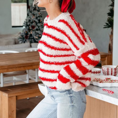 fuzzy red striped pullover sweater 327106