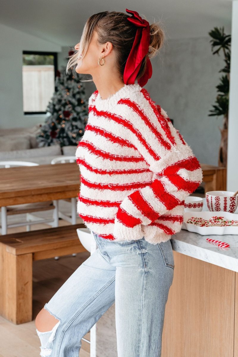 fuzzy red striped pullover sweater 327106