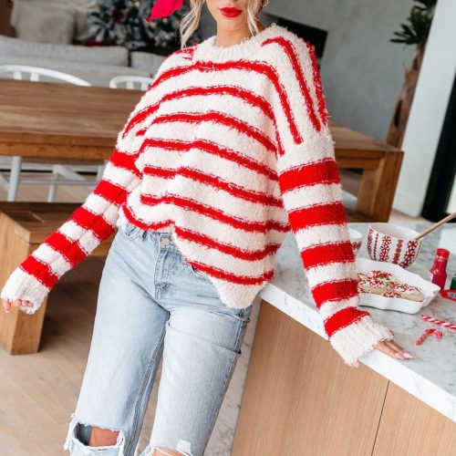 fuzzy red striped pullover sweater 785489