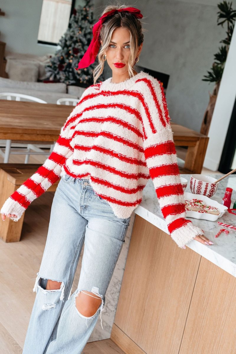 fuzzy red striped pullover sweater 785489