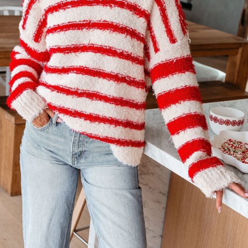 fuzzy red striped pullover sweater 898992