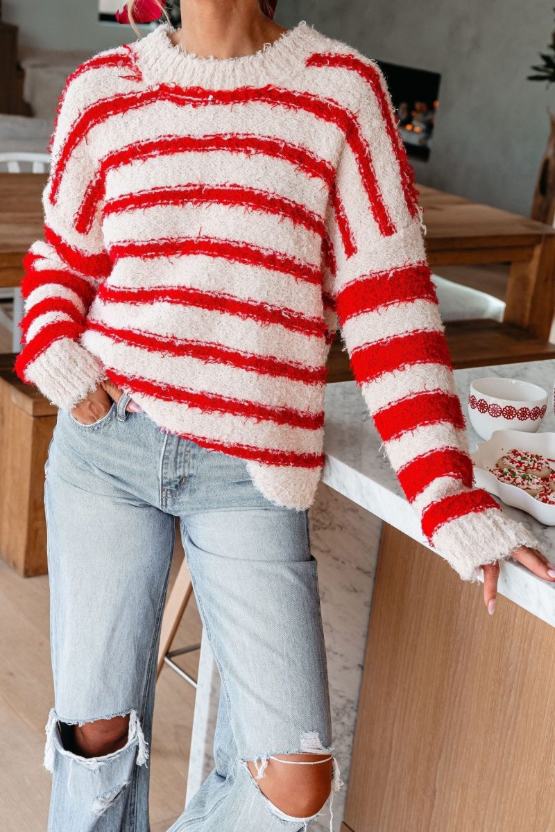 fuzzy red striped pullover sweater 898992