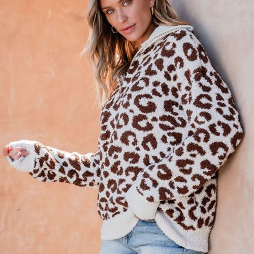 fuzzy tan leopard print zip up sweater 622464