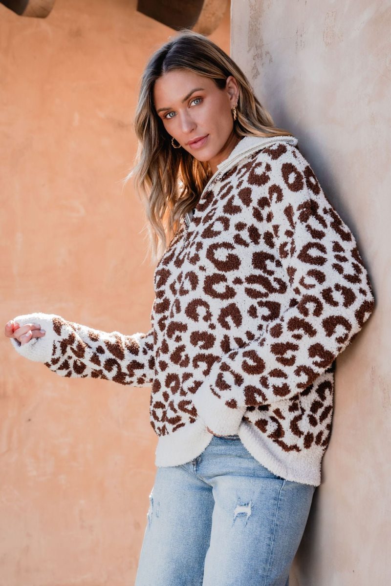 fuzzy tan leopard print zip up sweater 622464