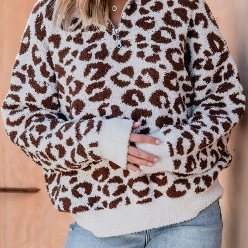 fuzzy tan leopard print zip up sweater 789551