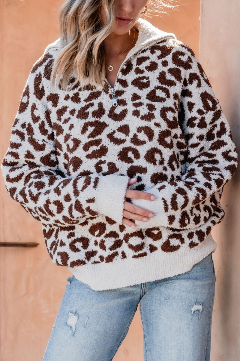 fuzzy tan leopard print zip up sweater 789551