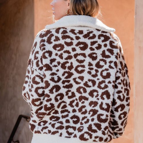 fuzzy tan leopard print zip up sweater 999658