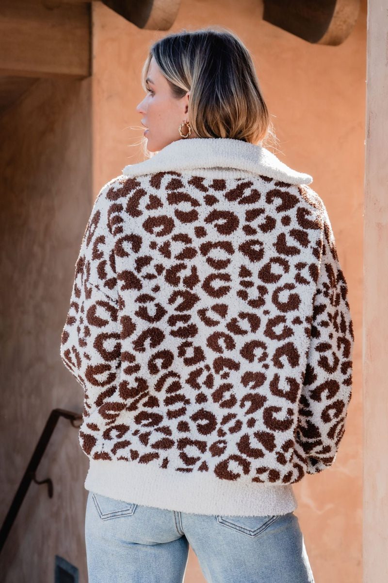 fuzzy tan leopard print zip up sweater 999658