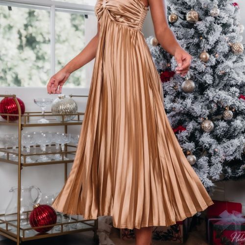 gold satin pleated midi dress 284712