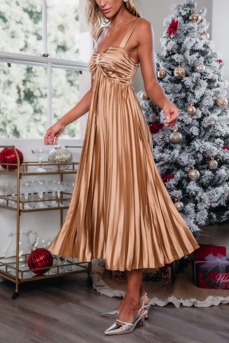 gold satin pleated midi dress 284712