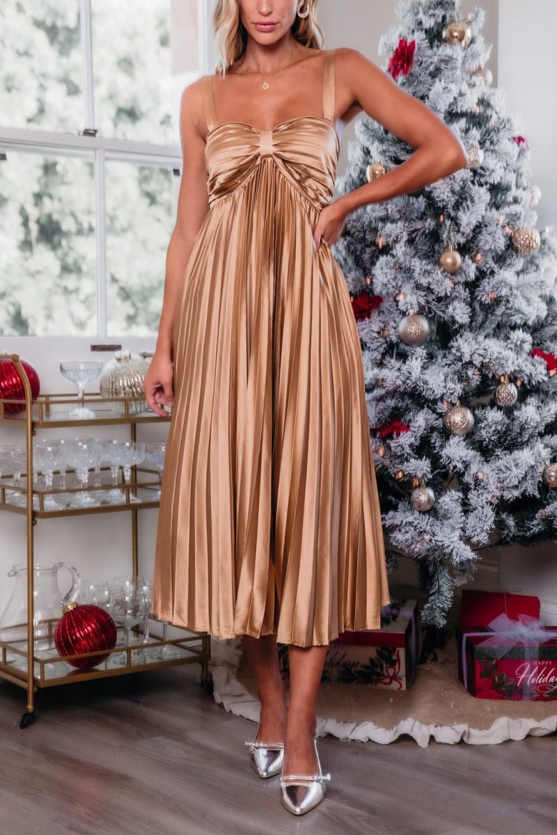 gold satin pleated midi dress 863309