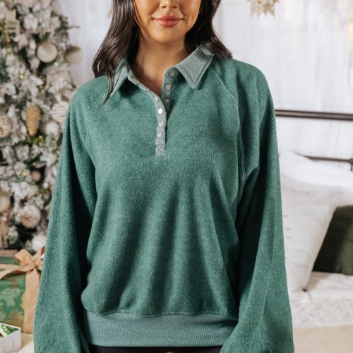 green brushed button up pullover 112412