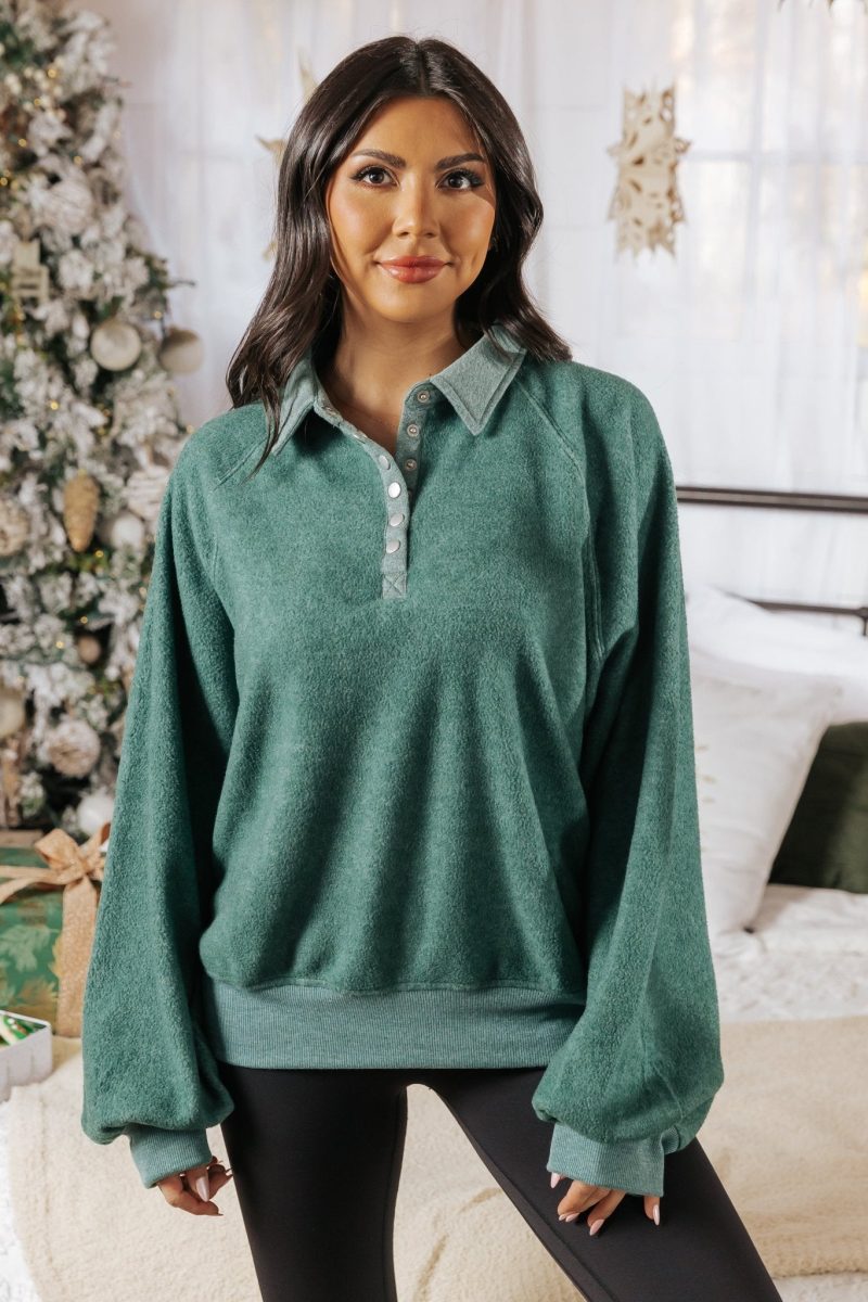 green brushed button up pullover 112412