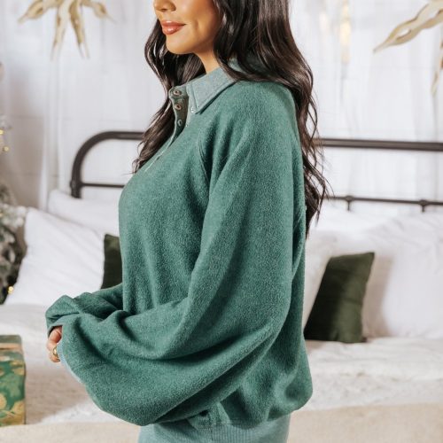 green brushed button up pullover 570308