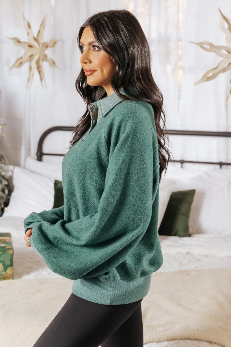 green brushed button up pullover 570308