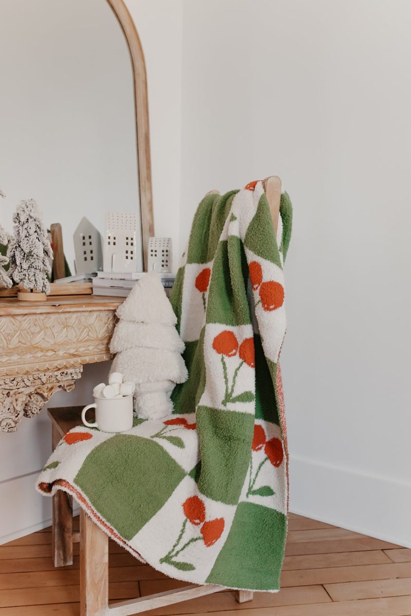 green checkered holiday cherry blanket 112958