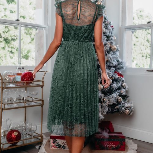 green floral lace pleated midi dress 302630