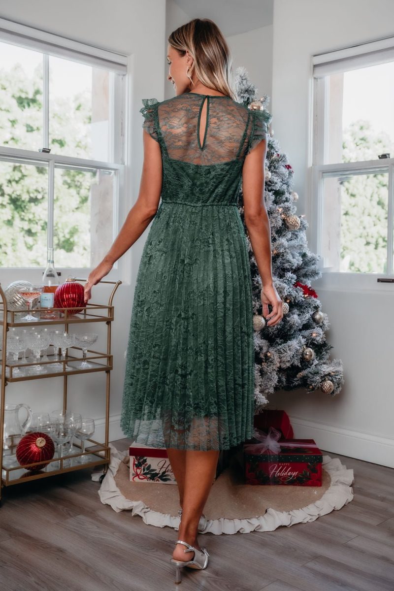 green floral lace pleated midi dress 302630