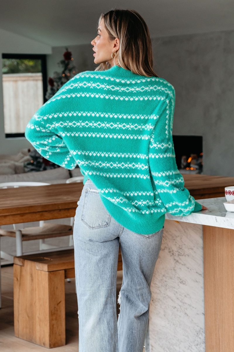 green fuzzy soft print sweater 329890