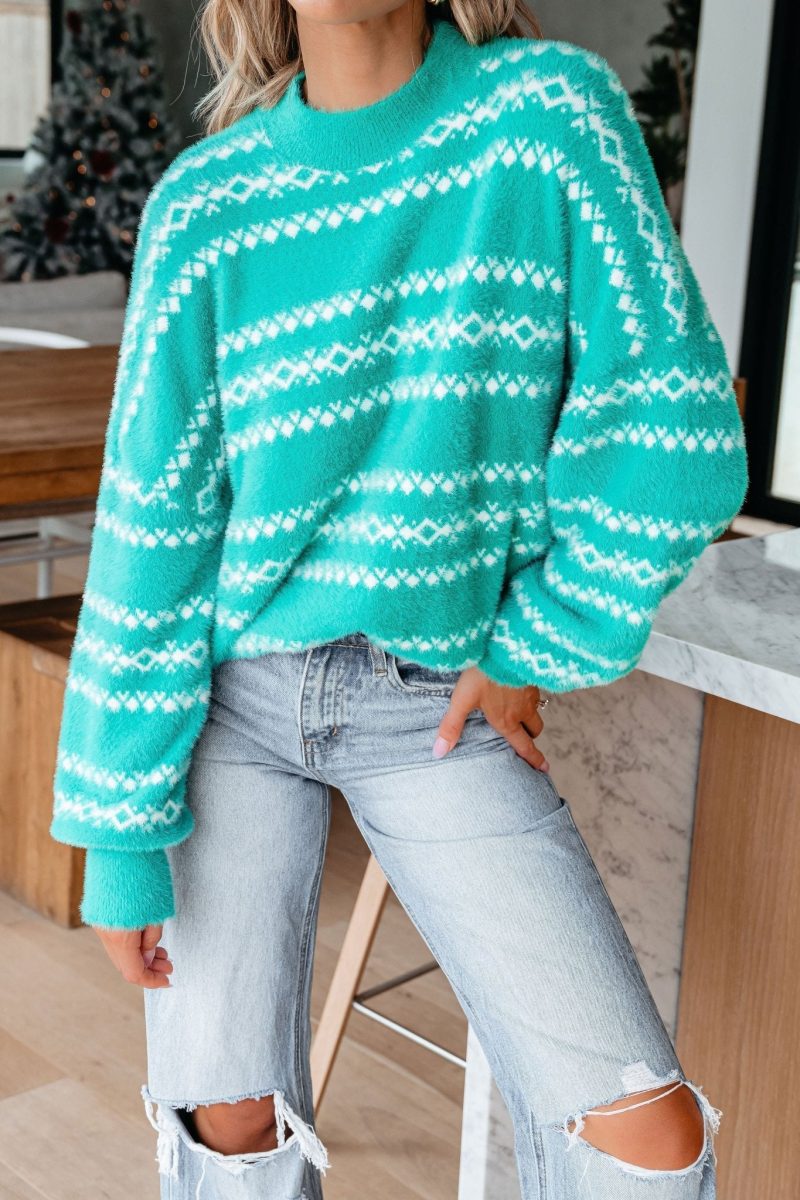 green fuzzy soft print sweater 360362