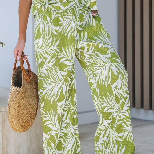 green leaf print plisse wide leg pants 507162