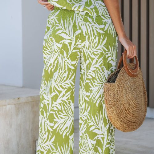 green leaf print plisse wide leg pants 712025