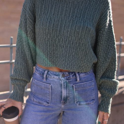 green popcorn knit cropped sweater 535766