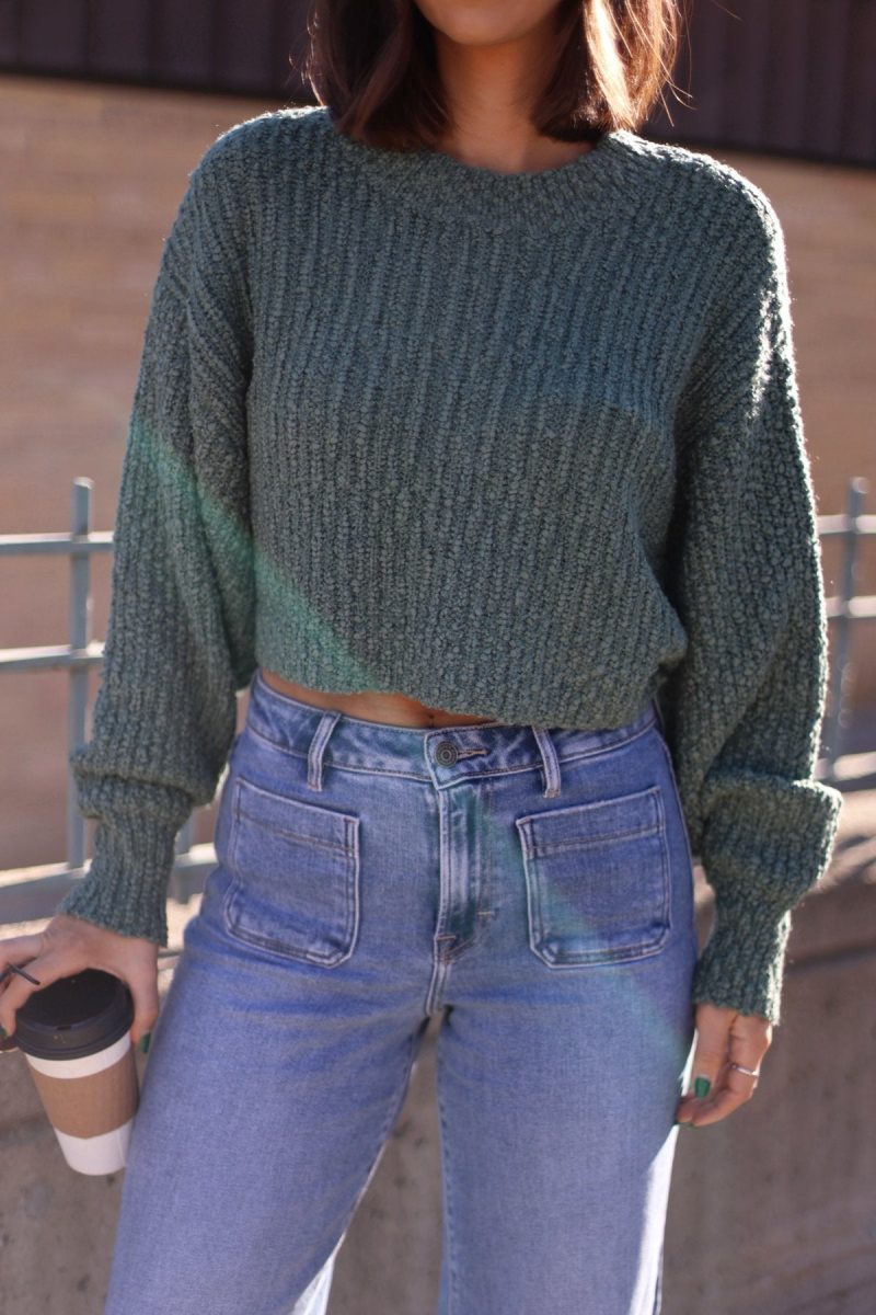 green popcorn knit cropped sweater 535766