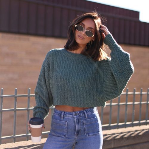 green popcorn knit cropped sweater 618925