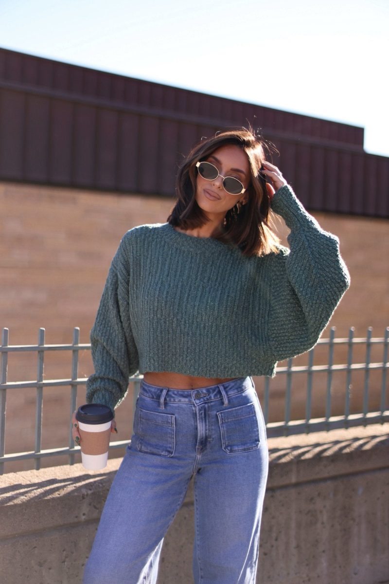 green popcorn knit cropped sweater 618925