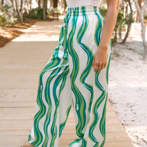 green print high waisted silk pants 237542