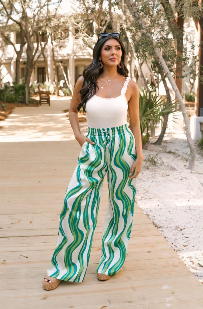 green print high waisted silk pants 486928