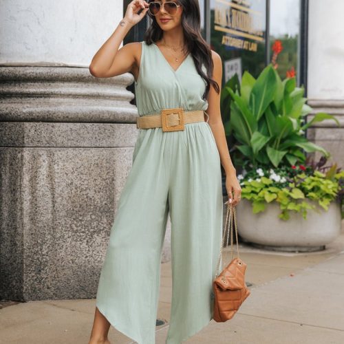 green surplice v neck belted jumpsuit 657656