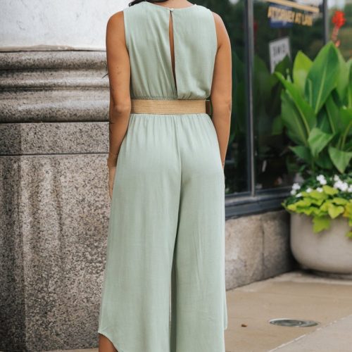 green surplice v neck belted jumpsuit 699454