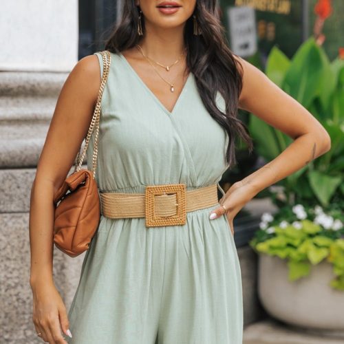 green surplice v neck belted jumpsuit 941204