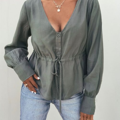 green waist tie button down top 543566