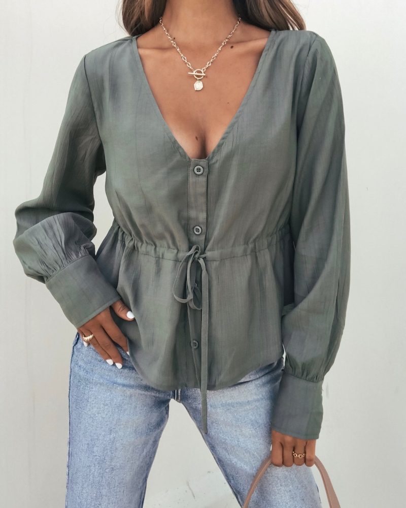 green waist tie button down top 543566