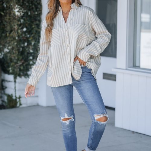 grey and white striped button down shirt 241069