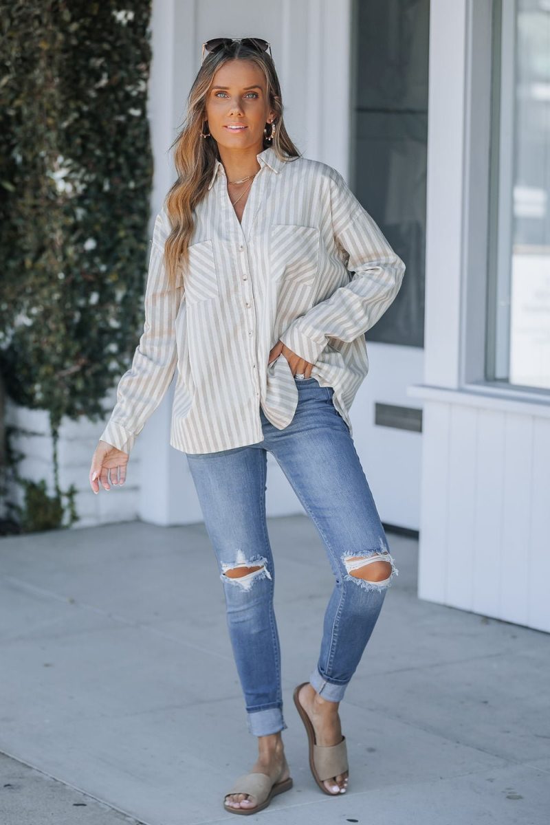 grey and white striped button down shirt 241069